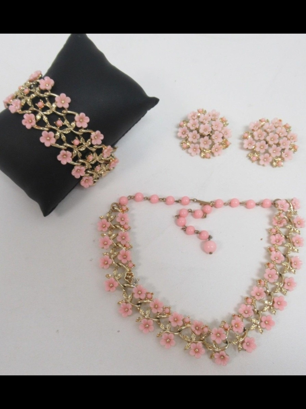 Coro Demi Set Gold-Tone Necklace, Bracelet & Earrings with Pink Floral Accents